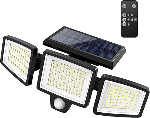 Miniatura 10 de Tuffenough - Lámparas solares para exteriores, 2500 lm, 210 luces LED de seguridad con control remoto, 3 cabezales de luces con sensor de