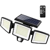 Tuffenough Solar Outdoor Lights 2500LM 210 LED Security Lights with Remote Control,3 Heads Motion Sensor Lights, IP65 Waterproof,270° Wide Angle Flood Wall Lights with 3 Modes(1 Packs)
