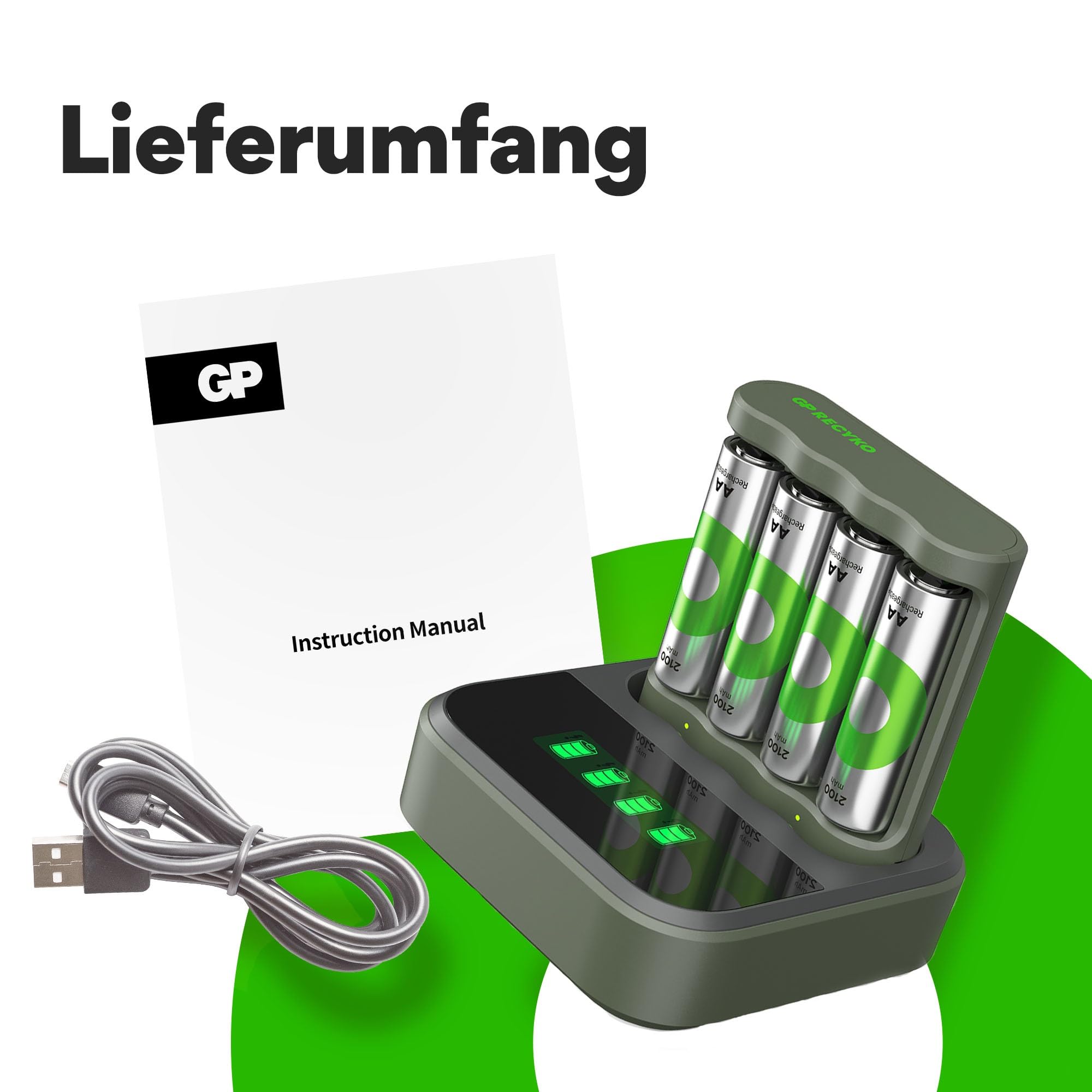 GP ReCyko USB Batterie Ladegerät B441 inkl. 4X ReCyko Akku AA 2100 mAh & USB Dockingstation, Akku Ladegerät AA AAA mit LED-Anzeigen