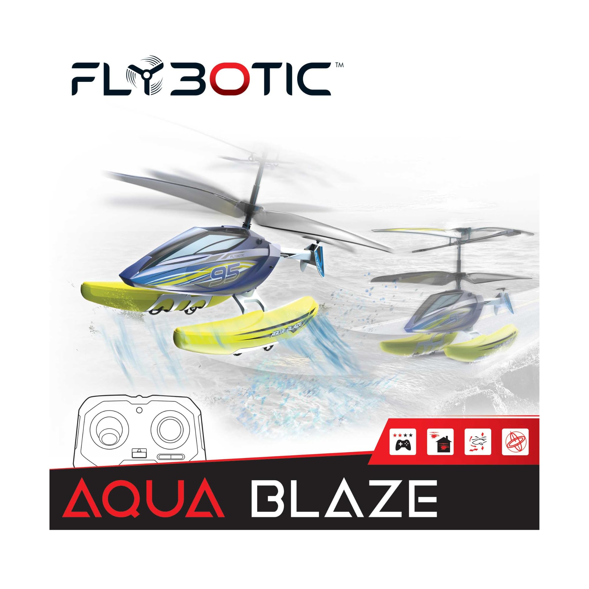 FLYBOTIC - Hélicoptère télécommandée Amphibie 3 en 1 Aqua Blaze - Pilotage Facile - Vole et Glisse sur l'Eau - Batterie Recharge Usb - Piles Télécommandes Non Inclues - Idée Cadeau Enfant Dès 8 Ans