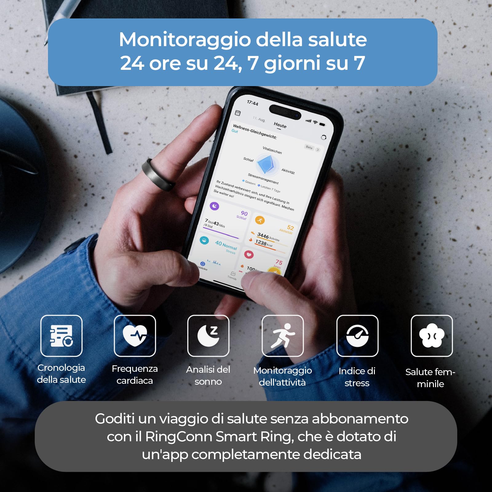 RingConn Smart Ring, Senza Abbonamento, Misura con Kit (Venduto Separatamente), Monitoraggio Attività/Sonno/Stress/Frequenza Cardiaca, 7 Giorni Di Autonomia, Compatibile iOS E Android (Dorato, 10)