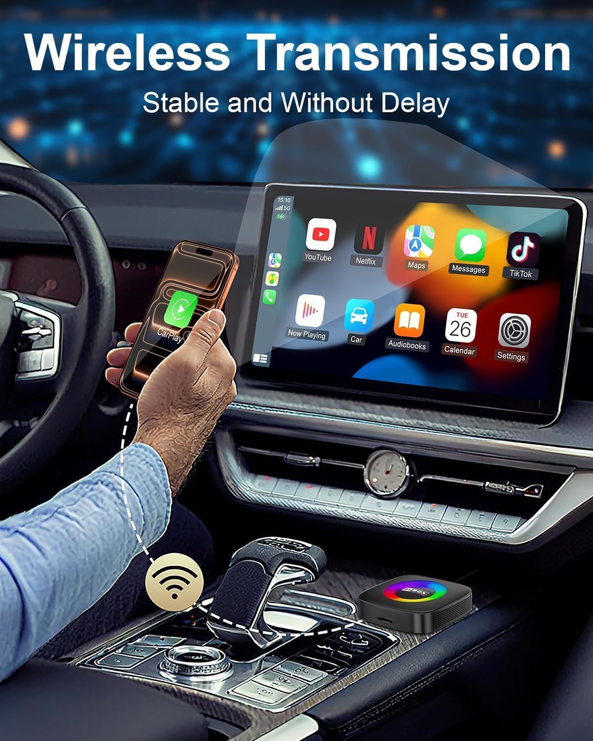 Wireless Carplay Adapter for iPhone Ai Magic Box with Netflix/YouTube Supports TF/Card Dongle Plug and Play Easy Setup Carplay & Android Auto Video Entertainment for iOS 10+ Radio Accessories — view 3