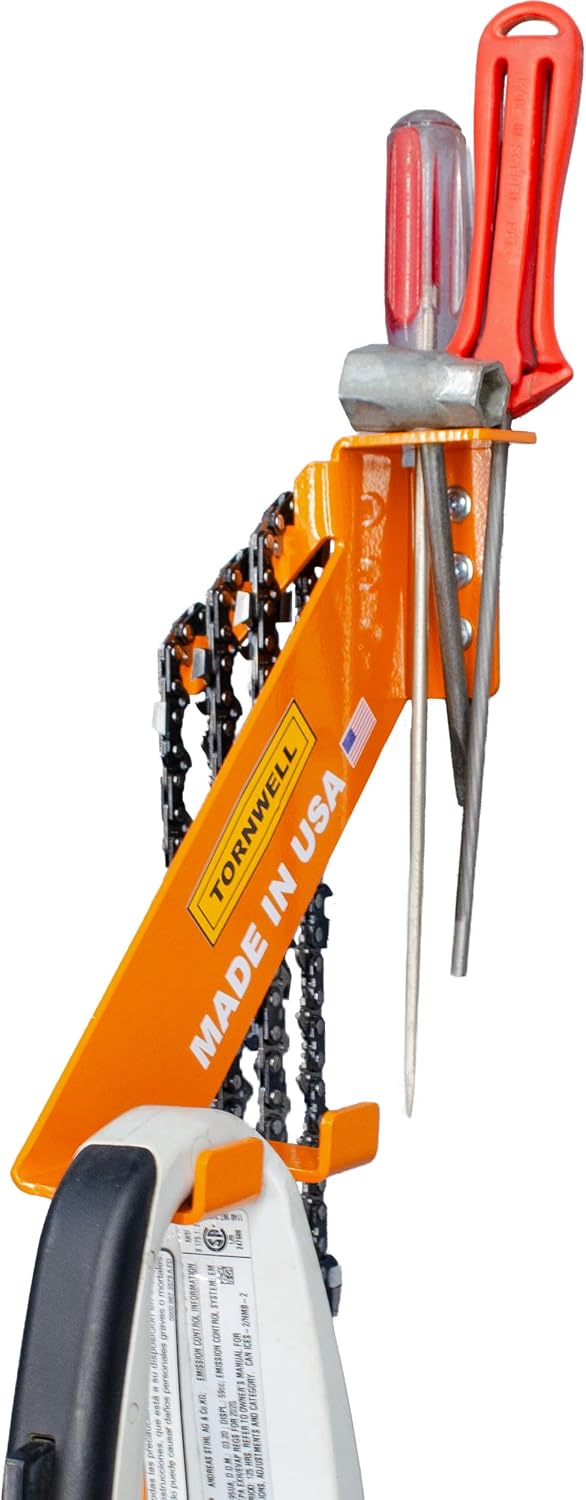 4 in 1 Chainsaw Holder 10" - Heavy Duty Chainsaw Wall Mount, 1/8 Steel Chain Saw Hanger for Garage Organization, Hefty Rack Storage Organizer for Chainsaw Accessories and Tools, Made in America,