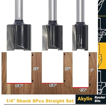 8Pcs Straight Router Bit 1/4 Shank,Cutting Diameter 1/16-1/8-3/16-1/4-3/8-1/2-5/8-3/4,CNC Carbide Straight Router Bits for Woodworking Routing, Plunging, Dadoing (Wooden Case Package)