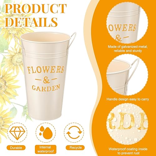 Miniatura 6 de Roshtia Juego de 4 jarrones de metal vintage de 12 pulgadas de alto, cubo de flores rústicas, jarrón de metal con asa, centro de mesa de cubo