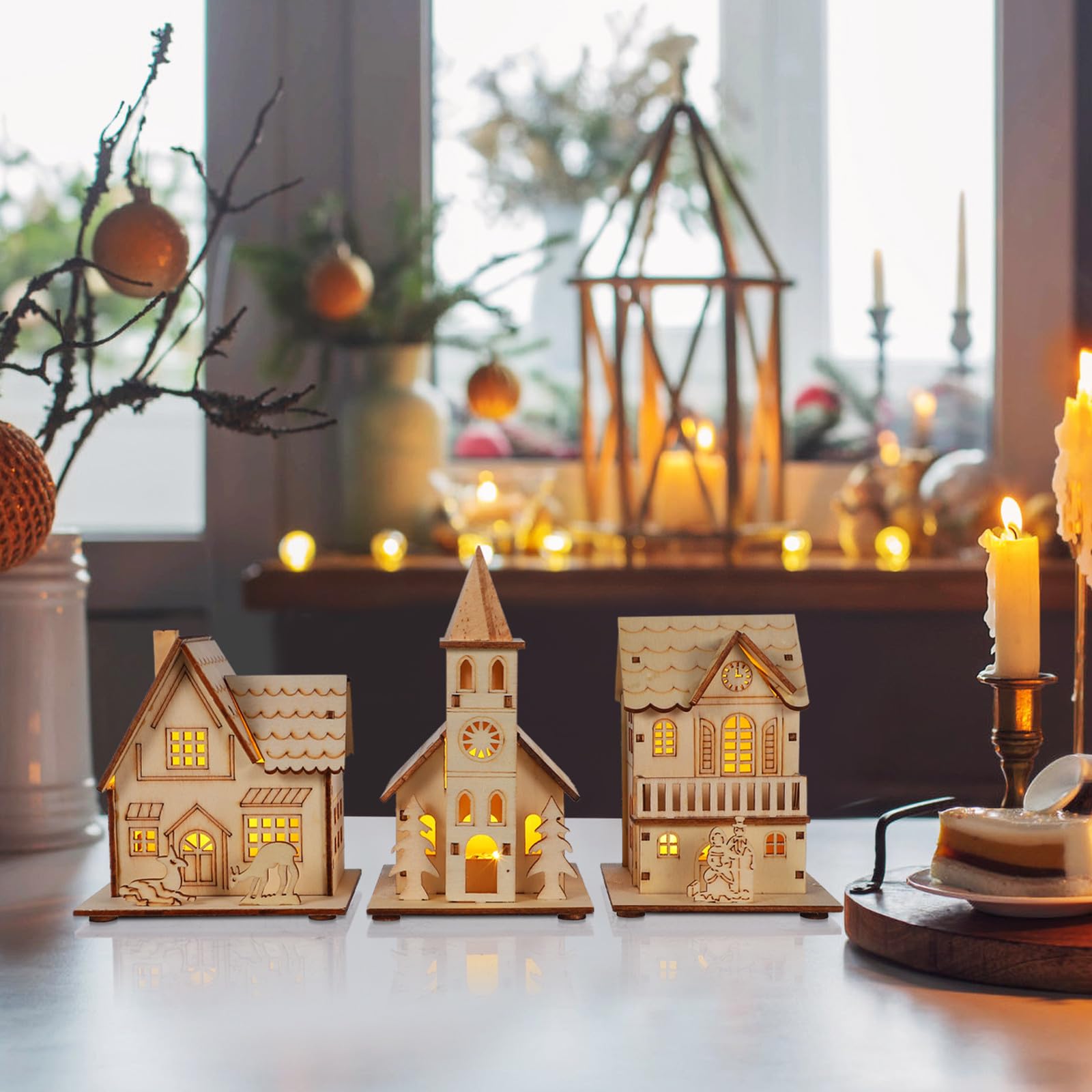 Artibetter 3 Piezas Adorno y Estructura Detallada de Madera Diseño Luminoso Navideño para Adorno de Escritorio y Fiestas de Navidad