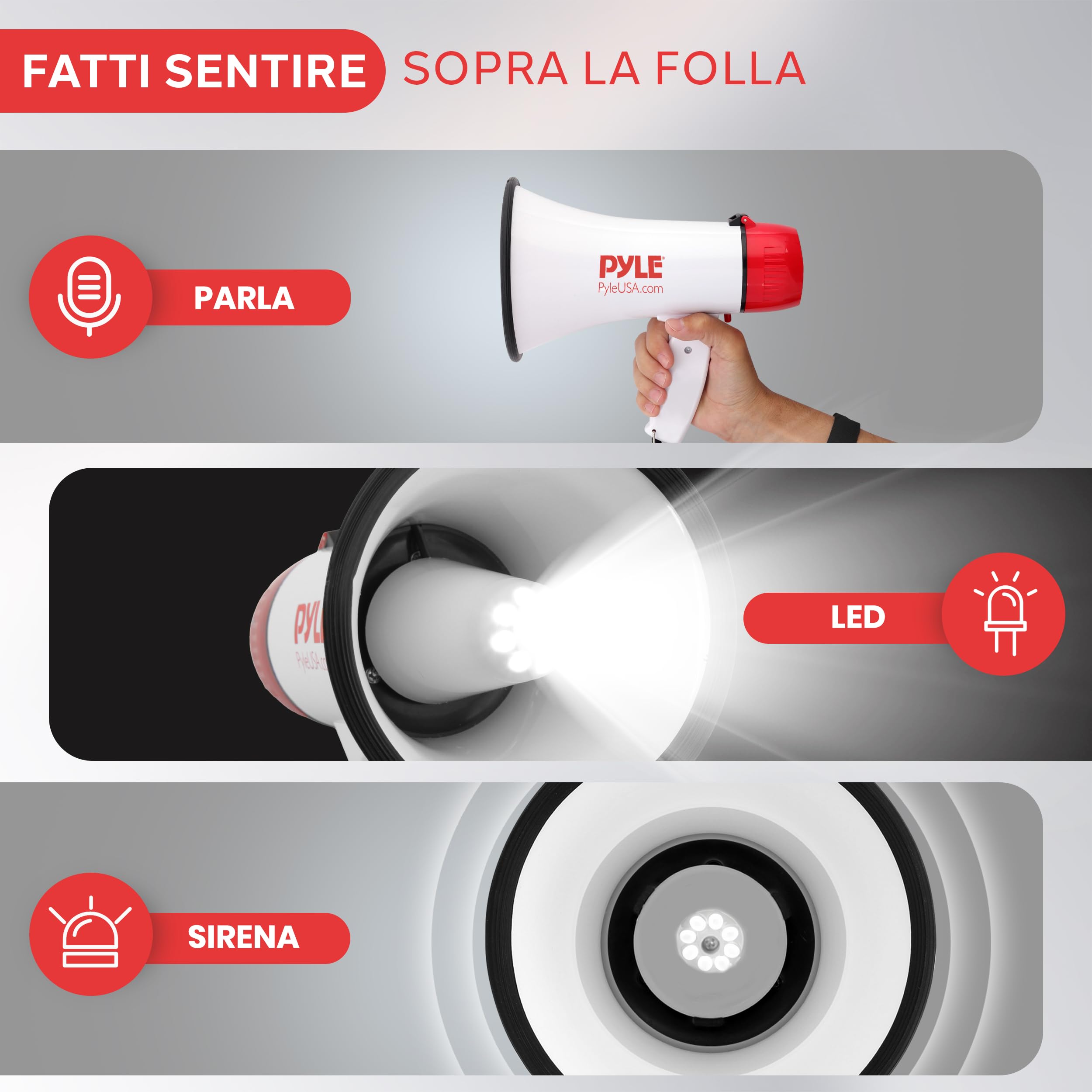 Pyle Megafono Portatile 30 Watt con Sirena e Luci LED, Controllo Volume Regolabile per Calcio, Basket, Baseball, Cheerleading, Allenamenti e Sicurezza