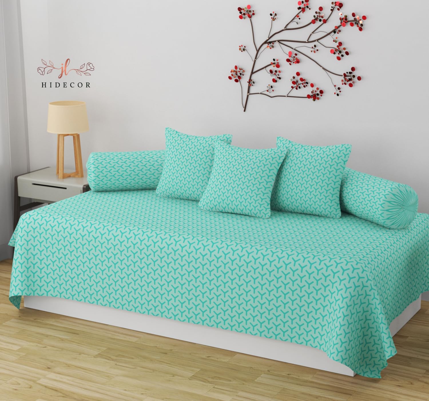 Hidecor Super Soft Cotton Self Design diwan Set for Living Room, diwan Set Covers Cotton, diwan 6 Pieces One Single Bedsheet with 3 Cushion Cover,2 Bolster (Aqua)-image-25