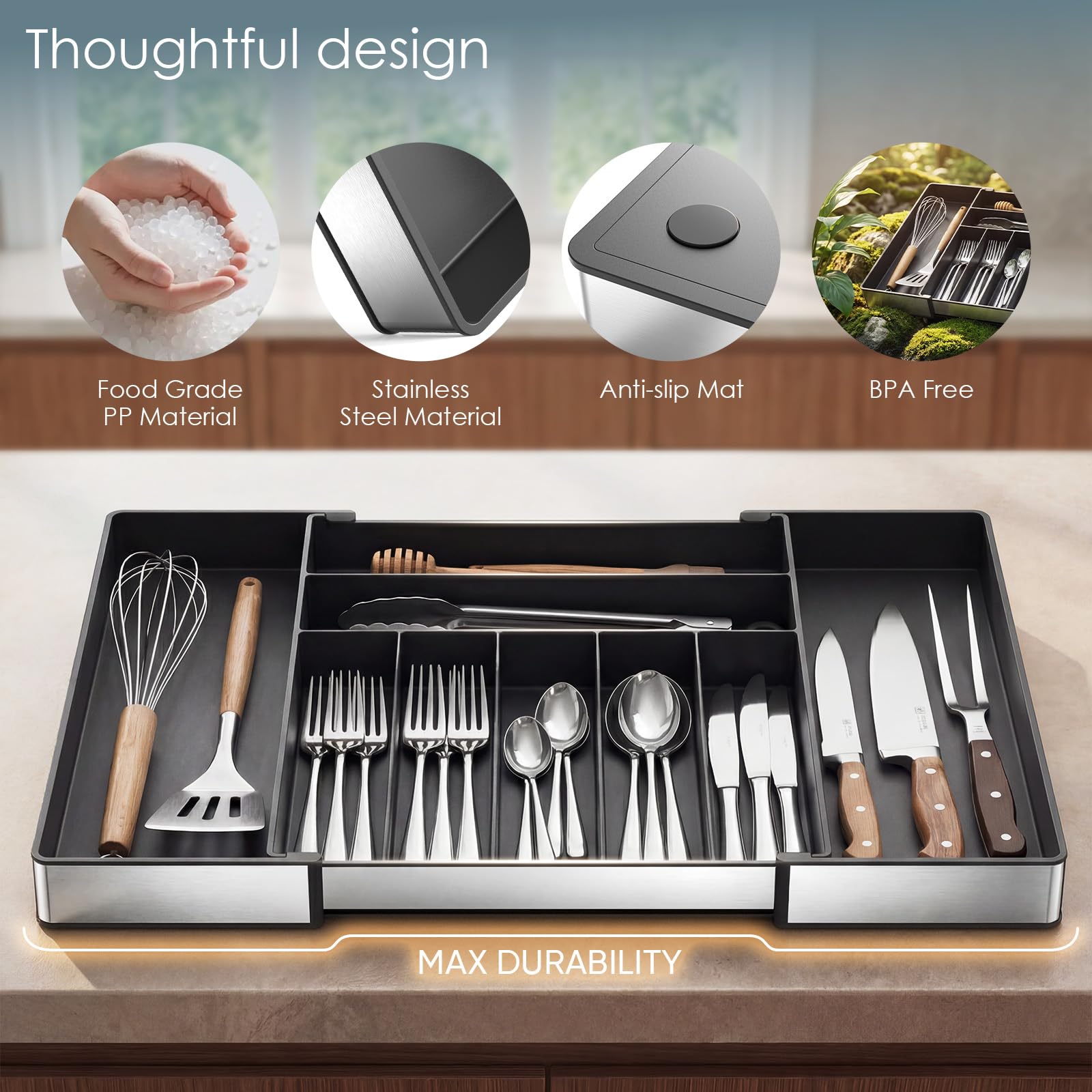 Organizzatore di argento extra grande, Organizzatore di cassetto da cucina espandibile a 9 slot, Portautensili nero