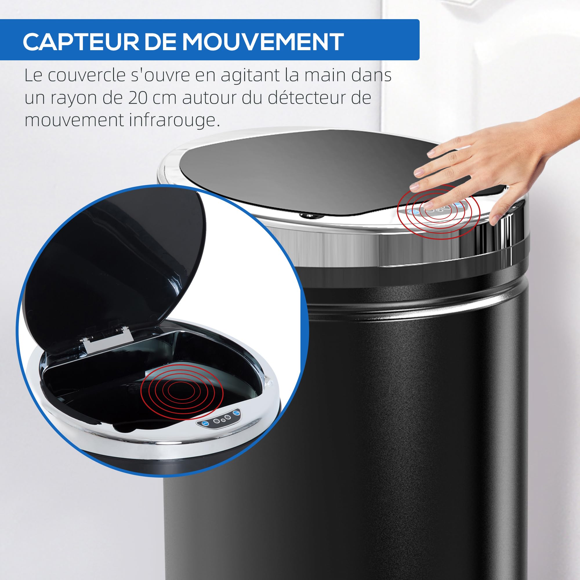 HOMCOM - Papelera automática con sensor de movimiento, 42 L, color negro | Papelera de cocina, acero galvanizado, bandeja interna extraíble