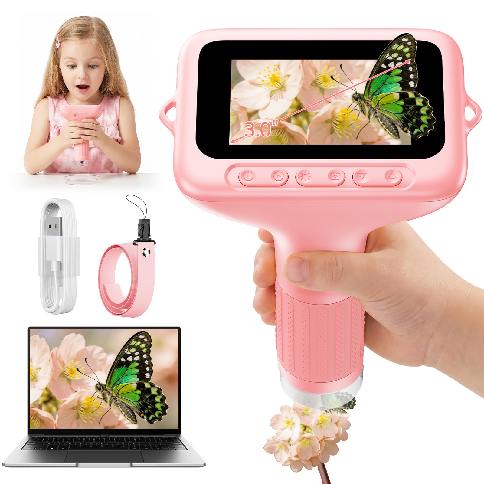 Mikroskop cyfrowy dla dzieci, powiększenie 1000x, przenośny mikroskop dla dzieci z ekranem HD 3,0", funkcją fotograficzną i kompatybilny z komputerem, mikroskop dziecięcy do ogrodu, lasu i na