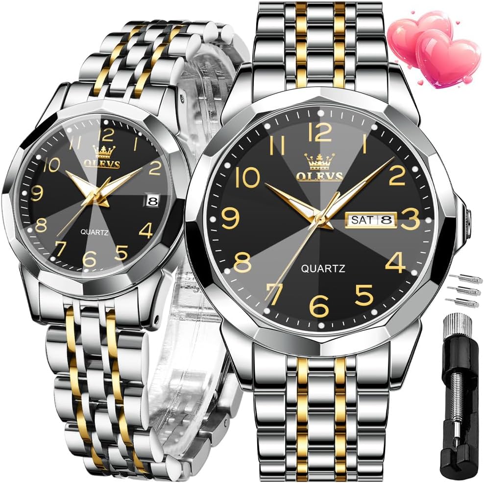 OLEVS Valentines Couple Pair Quartz Watches Luminous Calendar Date Business Dress Luxury His and Hers Wristwatch Waterproof Casual Stainless Steel Lovers Wedding Romantic Watches
