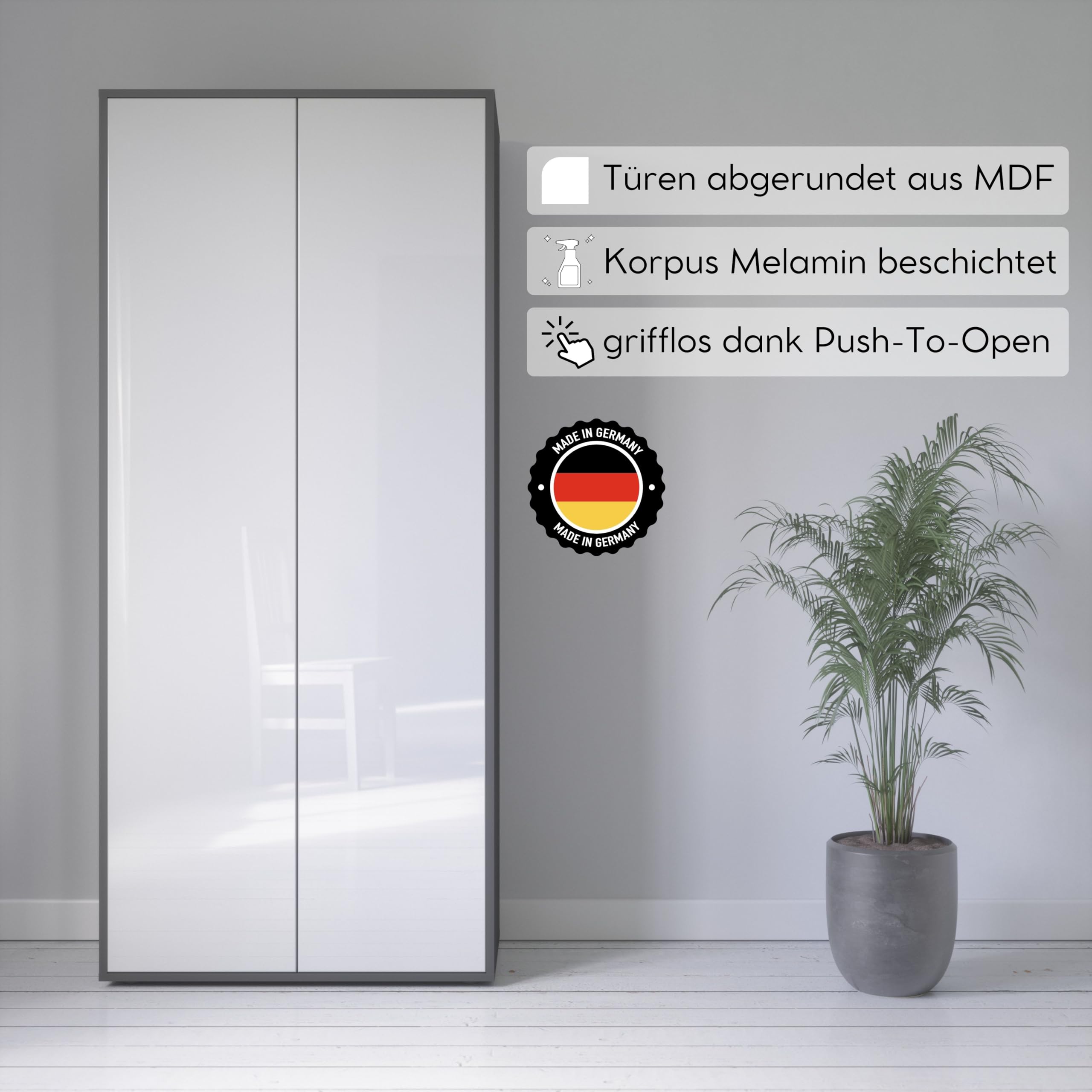 Büroschrank Amira T00, Anthrazit/Weiß Hochglanz, 180x80x40 cm | Geschlossener Schrank mit 2 großen Türen, Push-to-Open, Aktenschrank für Büro und Homeoffice