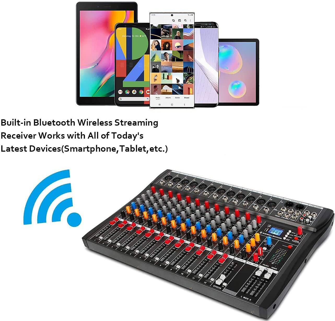 Depusheng DA12 mischpult dj mit USB Laufwerk für Computeraufnahmen Bluetooth 12 Kanal Audio Mixer XLR Mikrofonbuchse 48V Stromversorgung Cinch Eingang/Ausgang