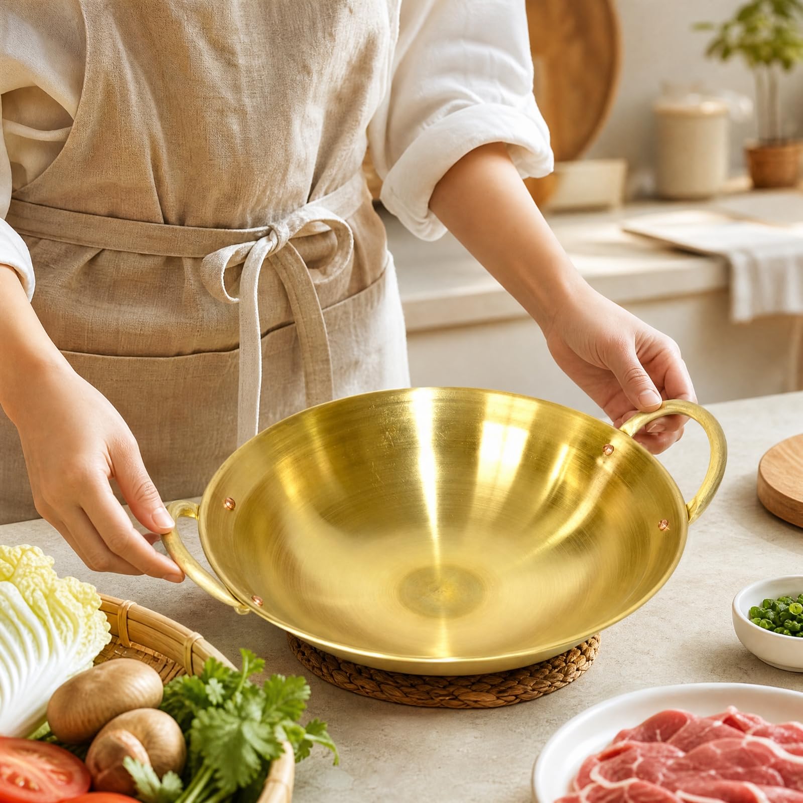 Pot à Fondue Chinoise Base En Cuivre Antiadhésif Casserole Antiadhésive à Poignées Épais Ustensile Cuisson pr Familles, 26CM