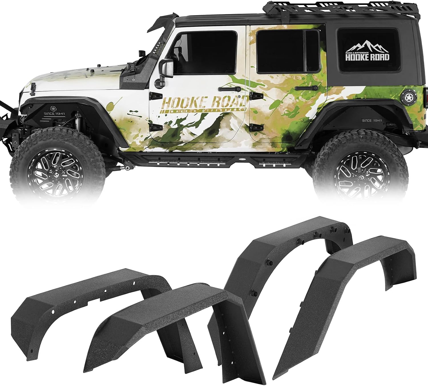 Hooke Road Front and Rear Flat Fender Flares Kit for 2007–2018 Jeep Wrangler JK/JKU