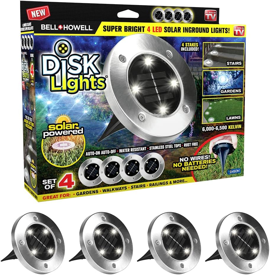 Bell+Howell Disk Lights Solar Ground Lights -Wireless Auto On/Off Solar Pathway Garden Outdoor Lighting with 4 LED Bulbs for Lawn, Patio, Garden, Yard, Pathways Waterproof, 4 Packs, As Seen On TV