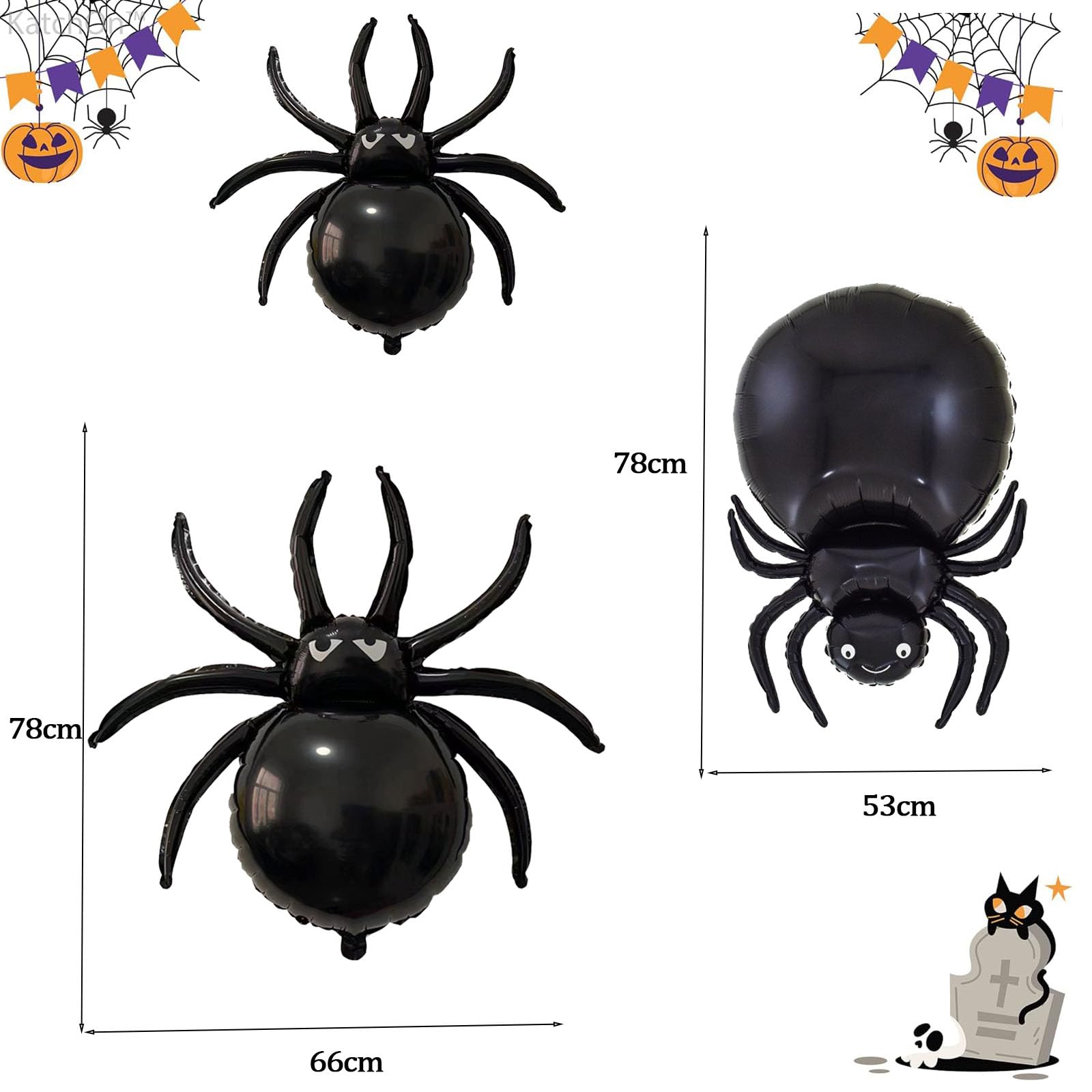 Lot De 4 Ballons Aluminium Araignée Halloween - Décorations De Fête Géantes - Réutilisables Et Faciles à Gonfler - Noir