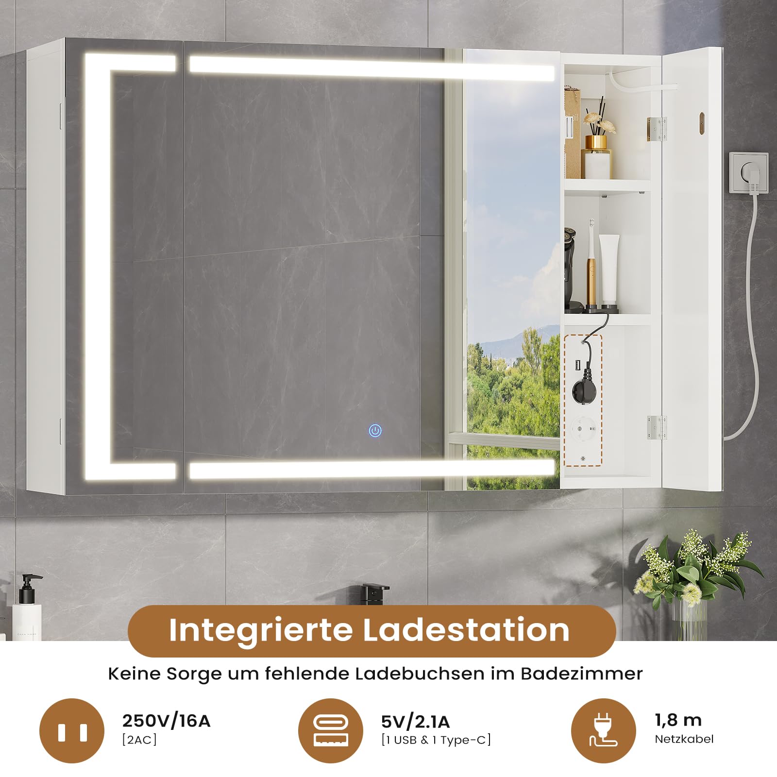 Spiegelschrank Bad mit LED Beleuchtung & Steckdose, 80x60x17 cm | Badezimmer Spiegelschrank mit 3 Farben Dimmbar & HD Spiegel, Badezimmerschrank mit 3 Tür 9 Fächer, verstellbaren Regalen,Weiß