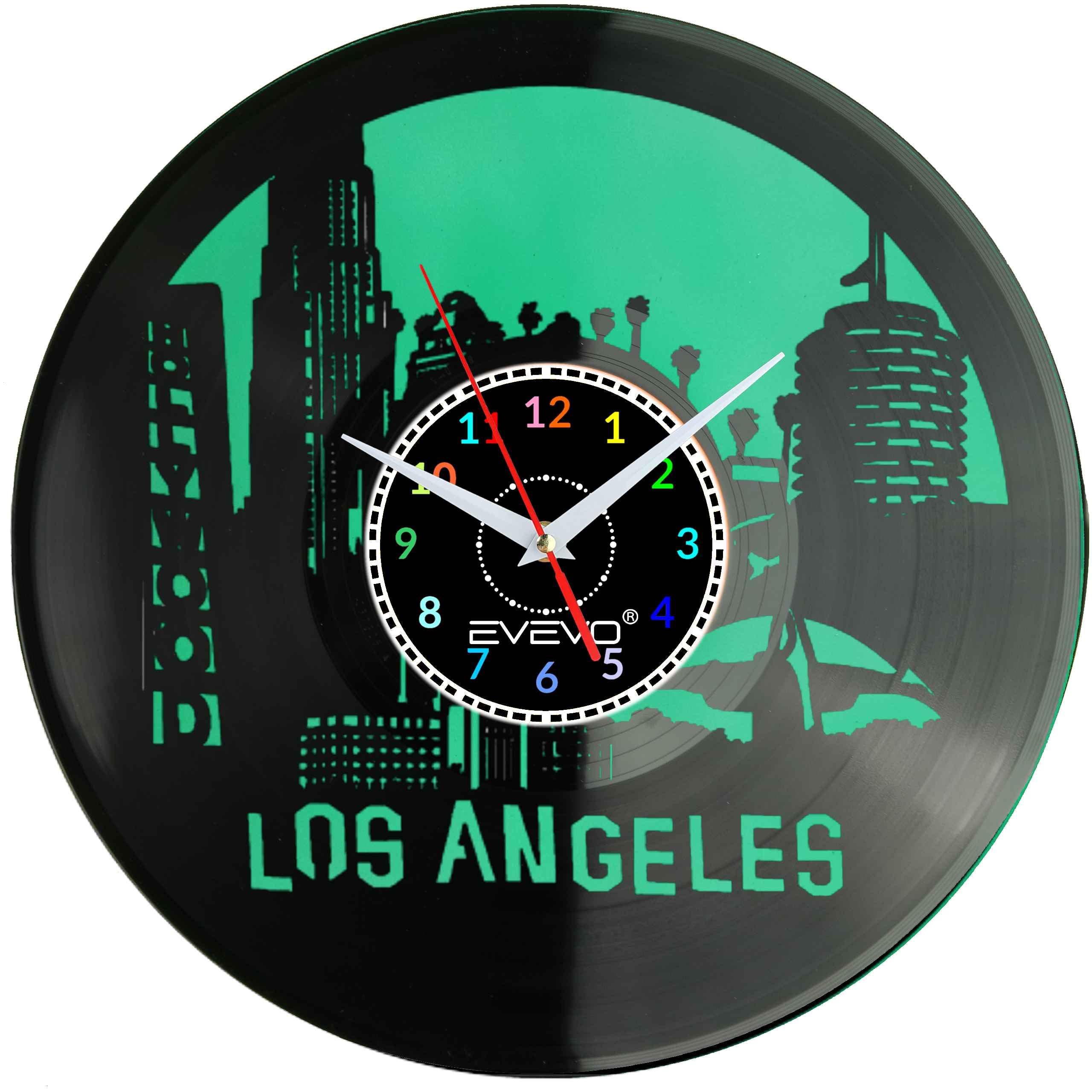 LOS ANGELES MIASTO ANIOŁÓW L.A. USA CALIFORNIA ZEGAR ŚCIENNY FLUORESCENCYJNE TŁO PŁYTA WINYLOWA PREZENT UPOMINEKA EVEVO F0089