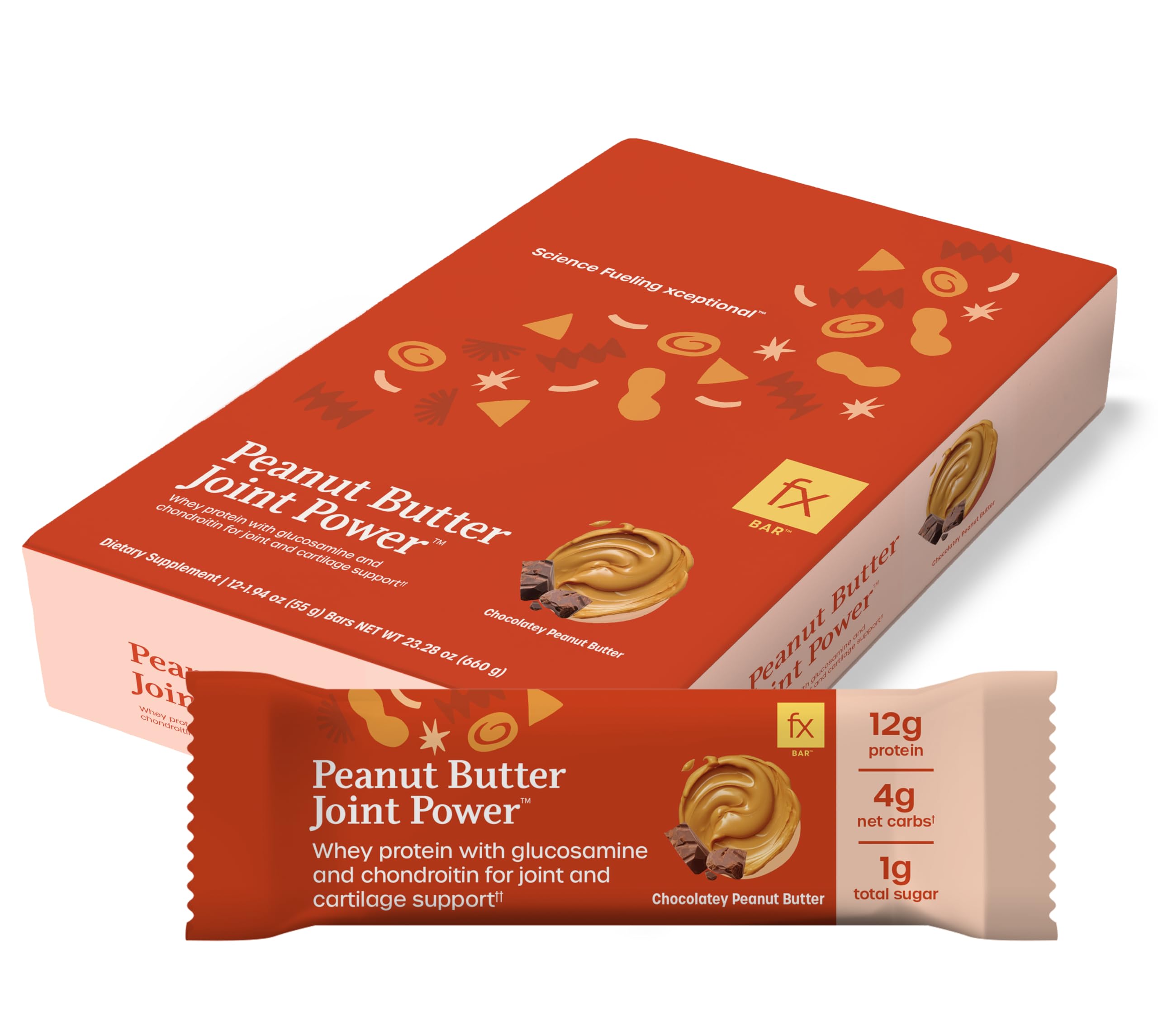Fx Peanut Butter Joint Power Protein Bar - 12g Whey Protein with Glucosamine, Chondroitin to Support Workouts and Help Maintain Cartilage - Soy-Free, Just 1g Sugar (12 Bars)