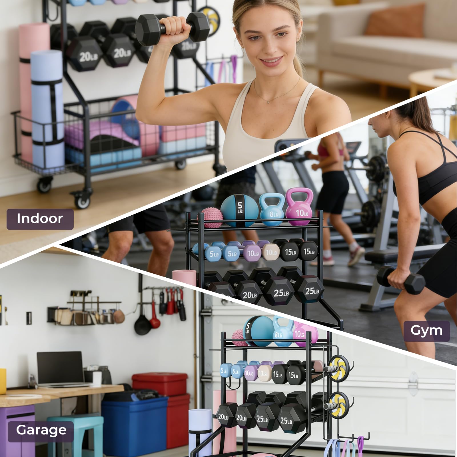 Rastrelliera per Manubri a 4 Ripiani, Multifunzionale e Larghezza Regolabile, Supporto per Kettlebell, Blocchi Yoga e Tappetini, Organizzatore per Palestra Domestica con Ruote Bloccabili e Ganci