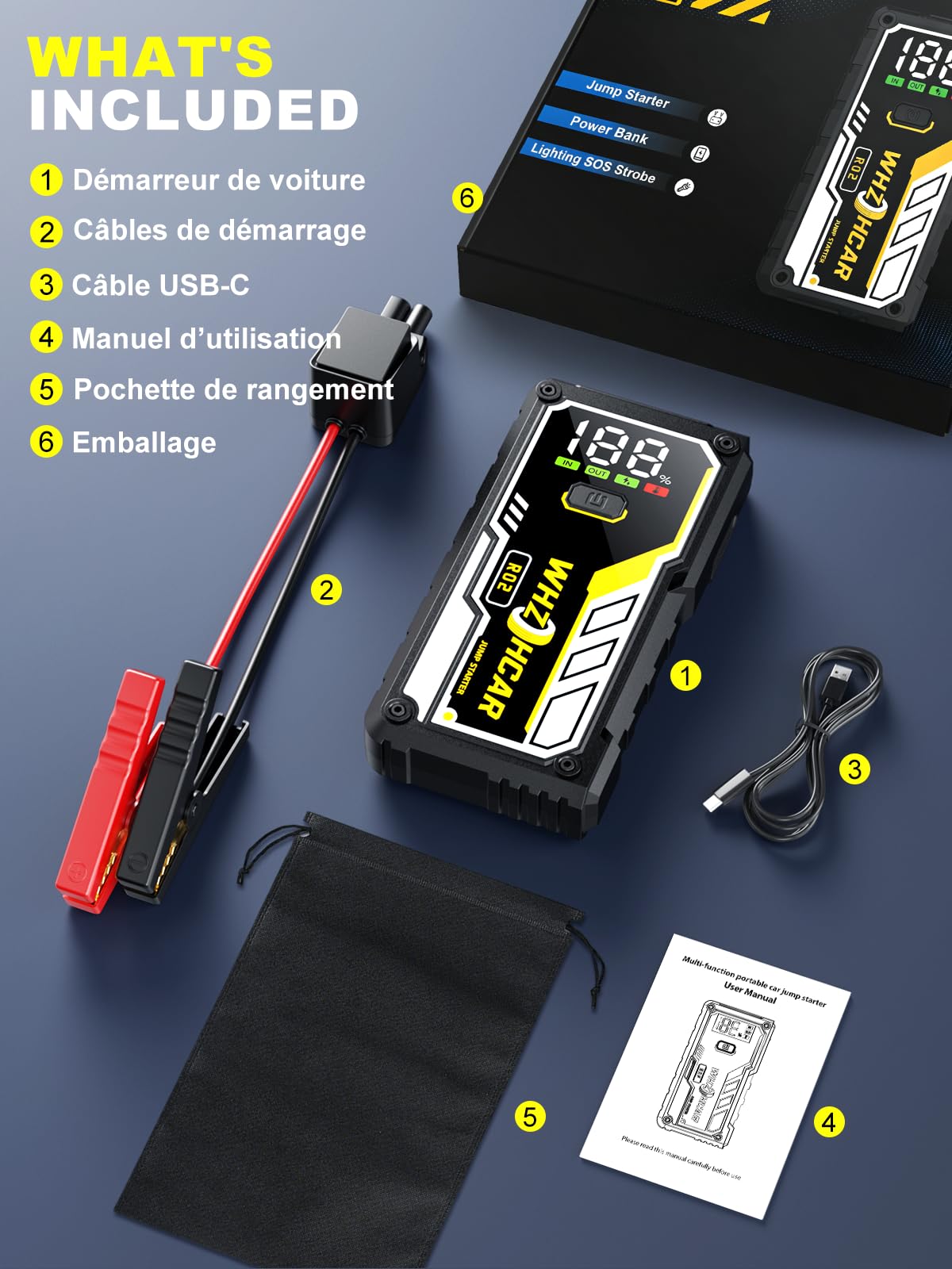 Booster Batterie Voiture 8000A Démarreur Batterie Portable（Jusqu'à Tous GAS/10L Diesel） Jump Starter 12V avec Pinces de Sûreté Intelligentes,LED，Grand Ecran d'affiche
