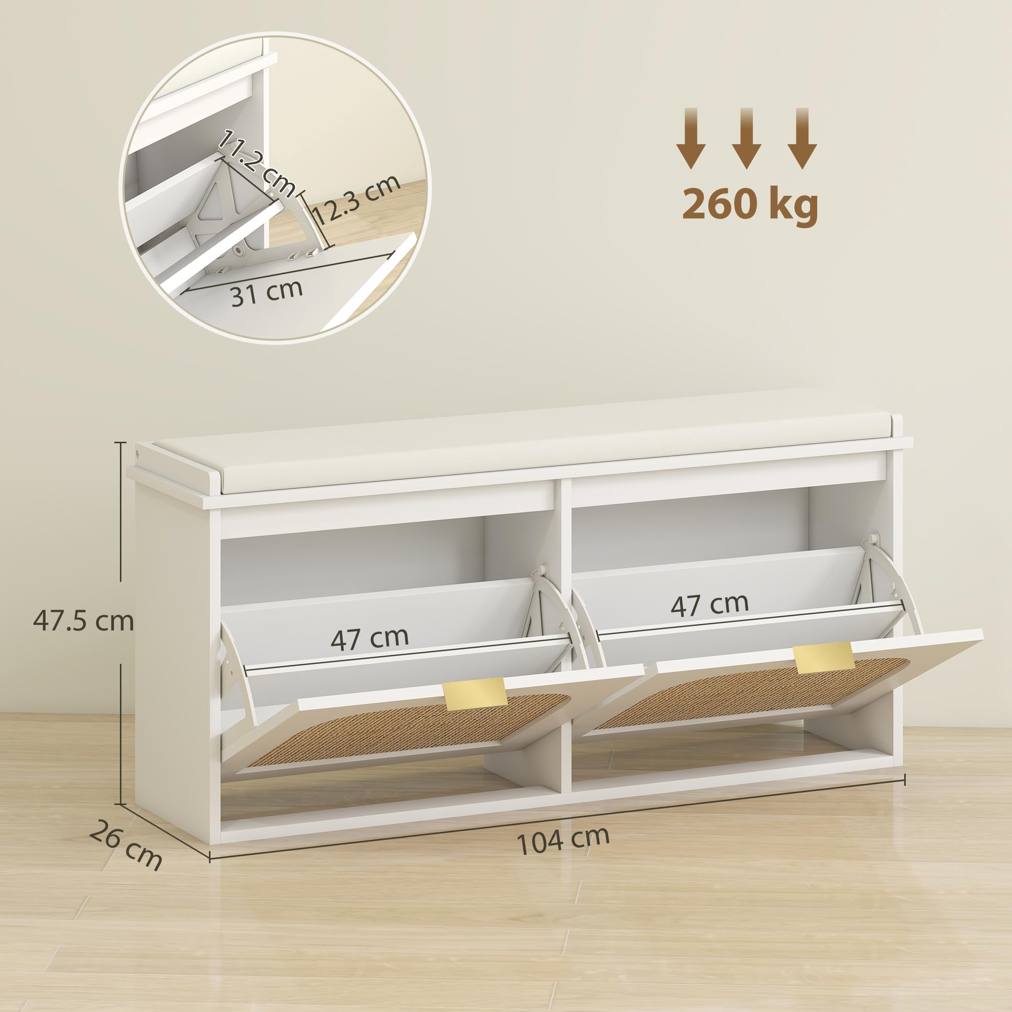 HOMCOM Banco estrecho para zapatos con asiento acolchado y 2 cajones abatibles, banco de almacenamiento de zapatos bohemio con puertas de ratán y estantes ajustables para pasillo, entrada, capacidad