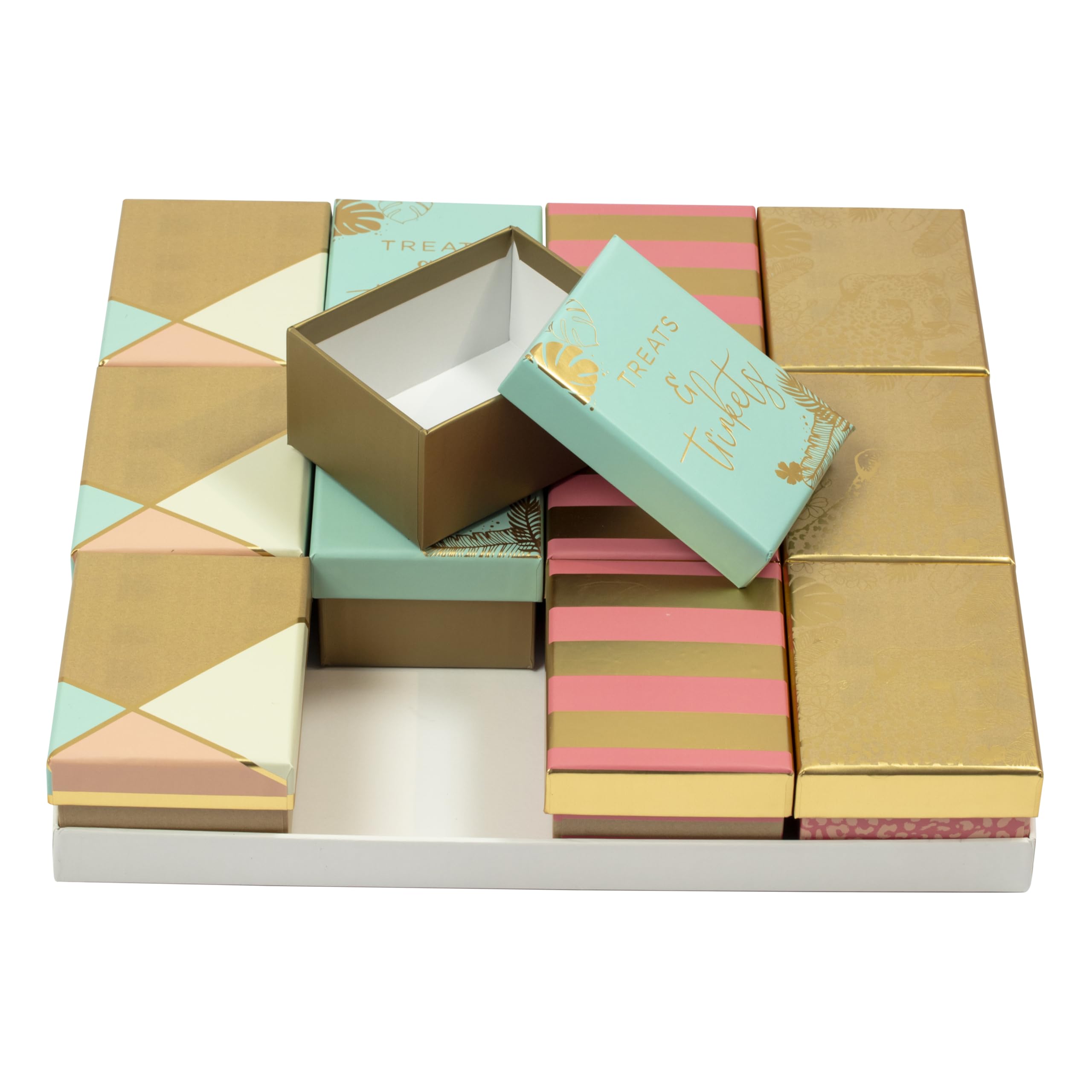 Eurowrap K-29055-BXC - Un Lot De 12 Mini Boites Assorties En Carton - Motif : Aspect Kraft, Pantère, Géométrique, Rose/Or/Bleu Pastel - Idéal Pour : Boite à Bijoux, Boite Cadeau