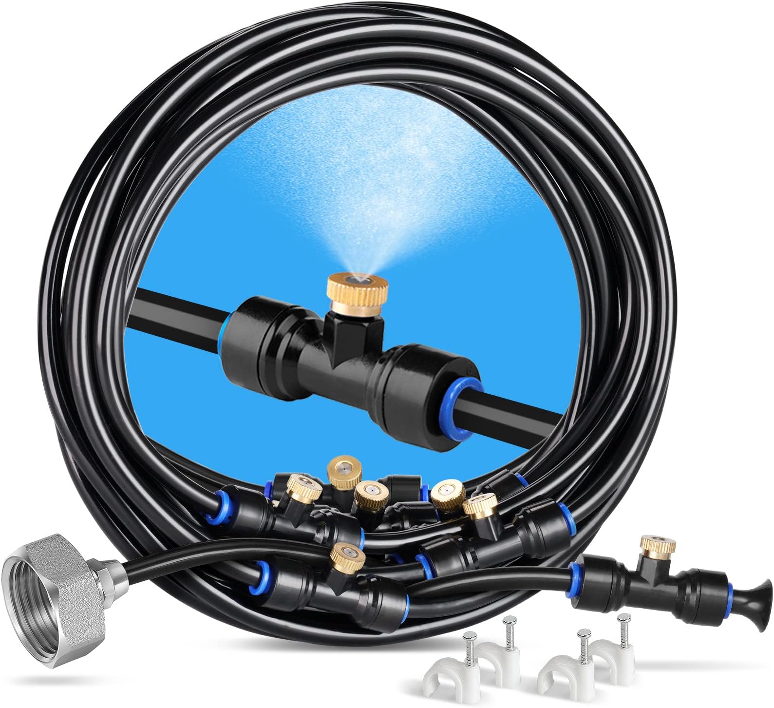 HOMENOTE Misting Cooling System, 26FT (8M) Misting Line + 7 Brass Mist Nozzles + Brass Adapter(3/4") Outdoor Mister for Patio Garden Greenhouse Trampoline for Waterpark