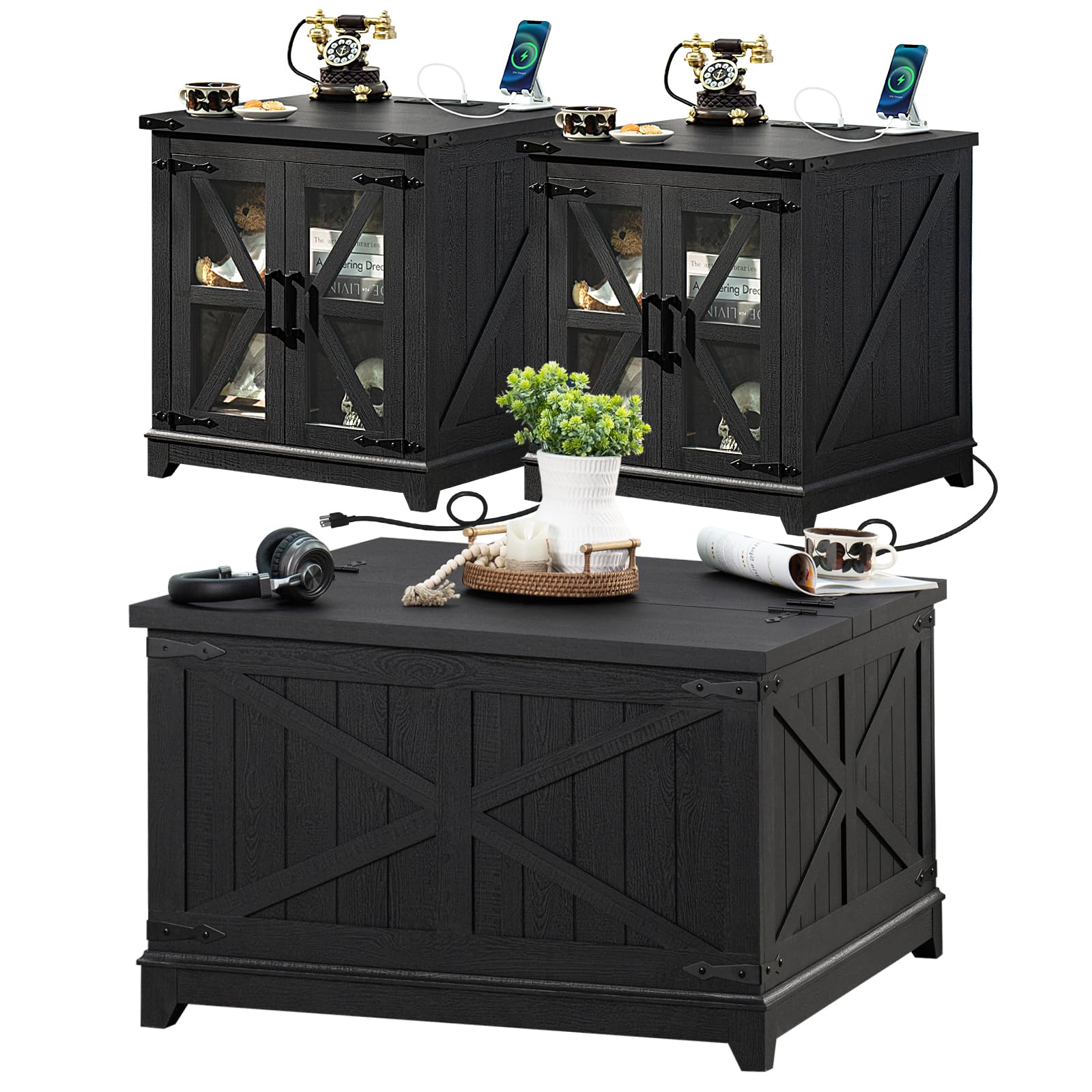 Farmhouse Coffee Table Sets 3 Pieces, Large End Side Tables with Charging Station and Coffee Table with Hidden Storage Compartment, Black Living Room