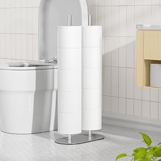 Toilet Paper Holder Stand(with Reserve Function), Double Rod Free-Standing Toilet Paper Storage Holder, Stainless Steel Toilet Roll Holder Stand for Bathroom & Toilet Spare Rolls Storage