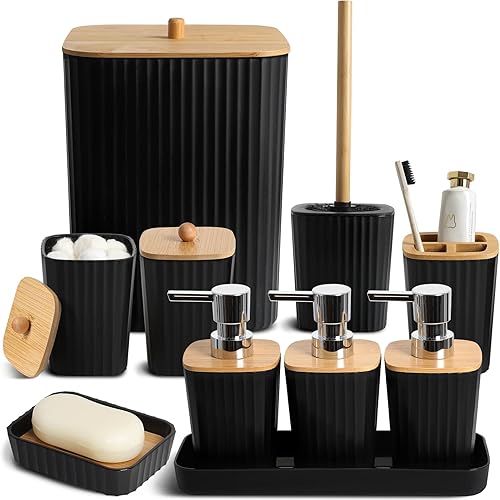 Black Bathroom Accessories, 10Pcs Black Bathroom Set, Bathroom Accessories Set Complete with Toothbrush Holder, Trash Can, Toilet Brush, Bathroom Soap Dispenser Set for Countertop, Sink