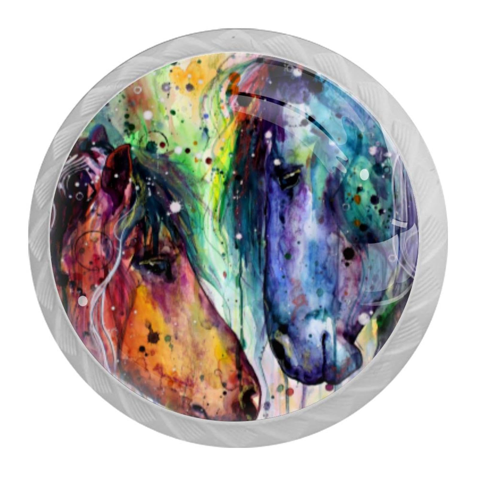 Tqmspg 4 Pieces Drawer Pulls Colorful Horses Door Knobs Dresser Handles for Kitchen Wardrobe Cupboard Hardware Furniture