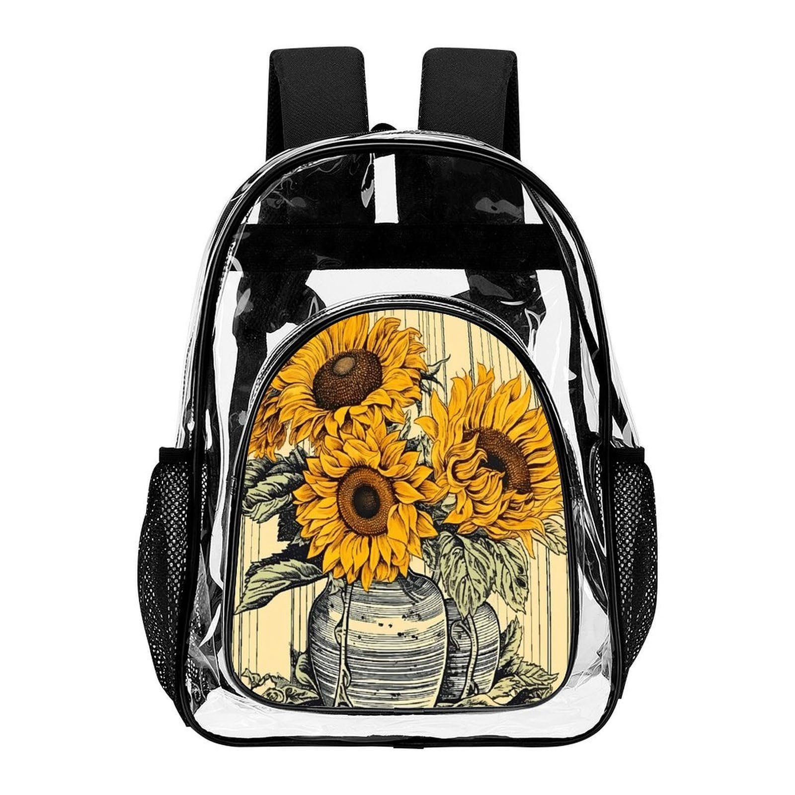 Transparenter Rucksack mit Sonnenblumenmuster, groß, transparent, PVC, Büchertasche für Sicherheit, Arbeit, Reisen, Stadion