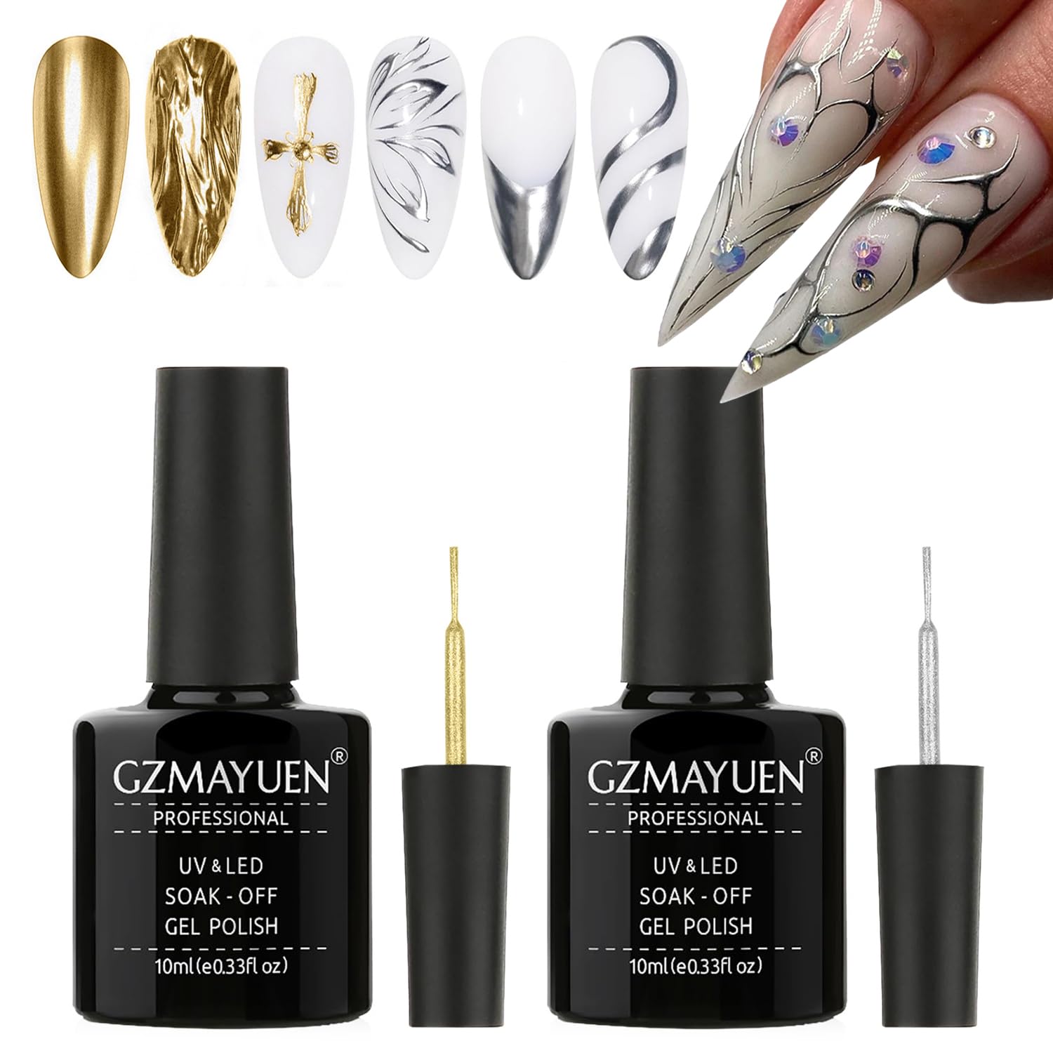 GZMAYUEN 2 * 10ml Metallic Painting Gel for Nail, Mirror Silver Golden Metal Liner Painted Drawing Gel, 3D Mirror Effect Nail Polish für Salon Home DIY Maniküre