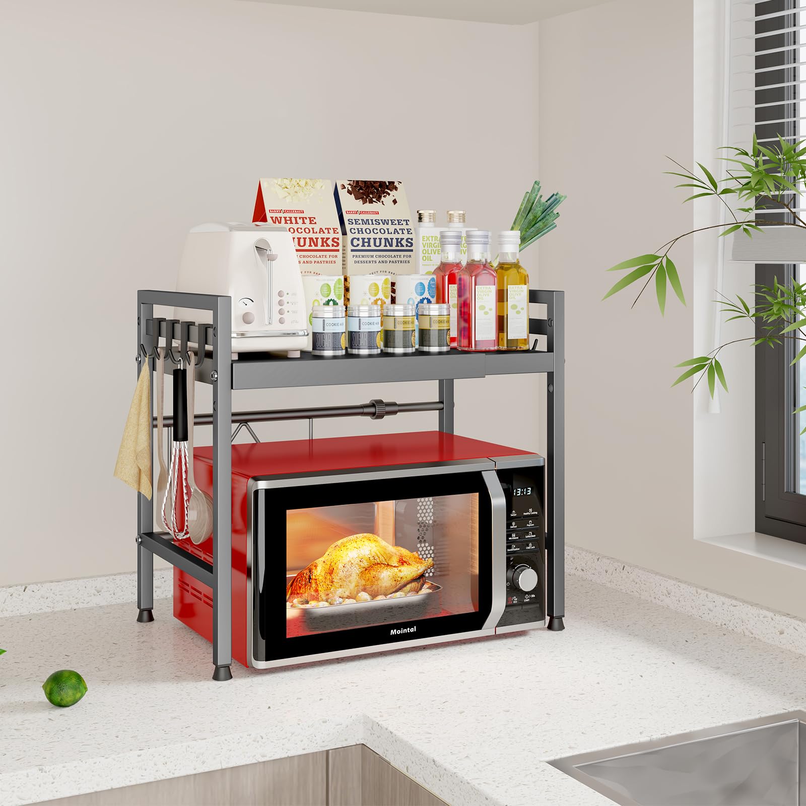 Estante Ajustable para Microondas de Cocina, Soporte de 2 Niveles para Microondas de Cocina, Acero al Carbono de Pie para Microondas, Organizador para Freidora de Aire con 8 Ganchos, Gris