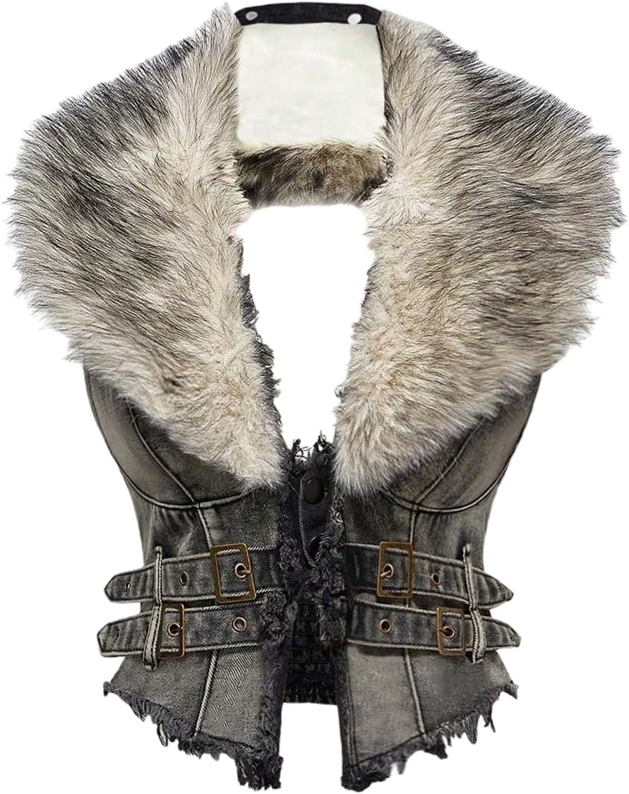 WDIRARA Women's Faux Fur Denim Vest Smocked Open Back Sleeveless Raw Trim Cropped Vest Jacket Grunge Punk