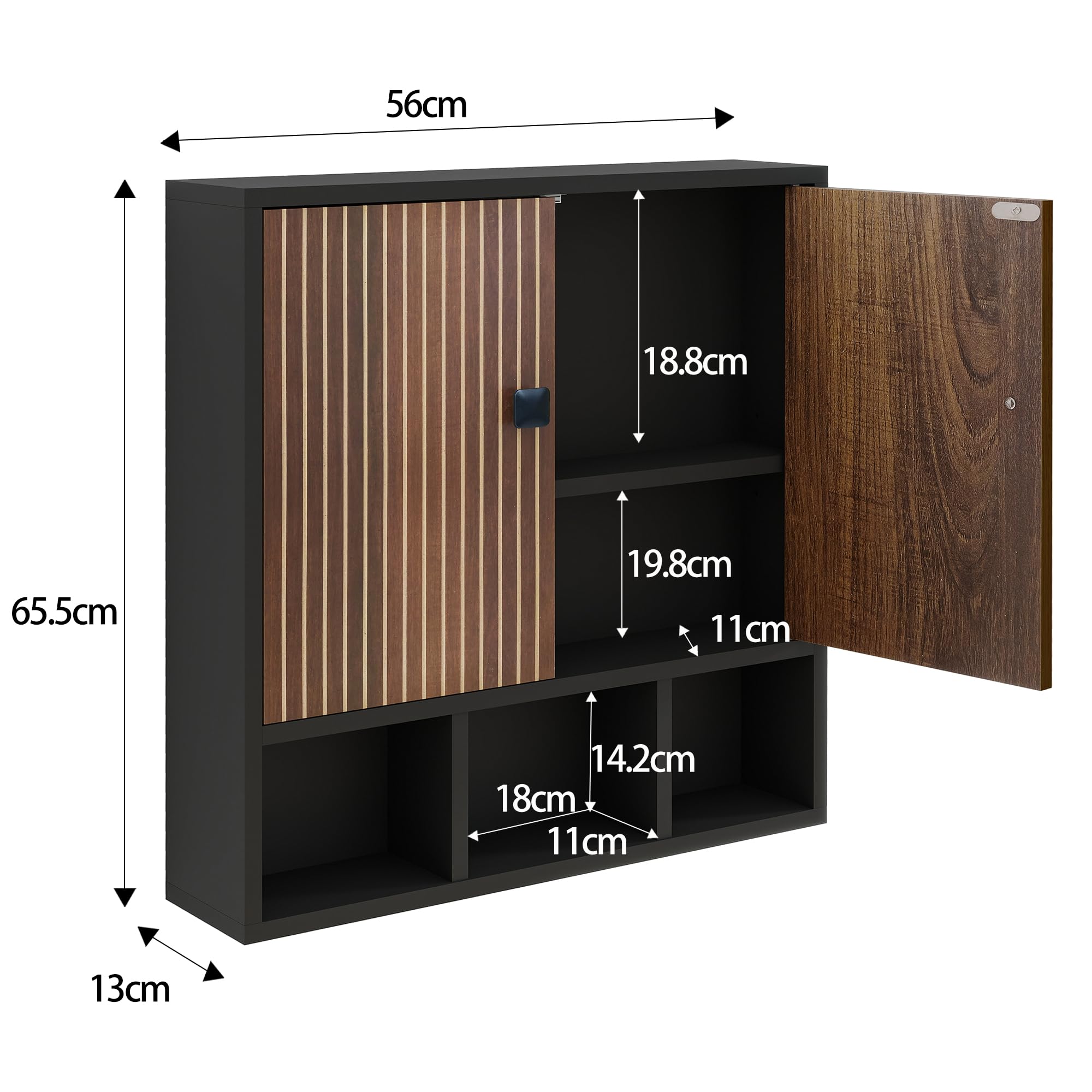 Hängeschrank bad, Badezimmerschrank hängend,Medizinschrank,Medikamentenschrank,Zweitüriger Holz schrank badezimmer,Badschrank mit verstellbaren Böden und offenen Fächern,13 x 56 x 58 cm,Schwarz