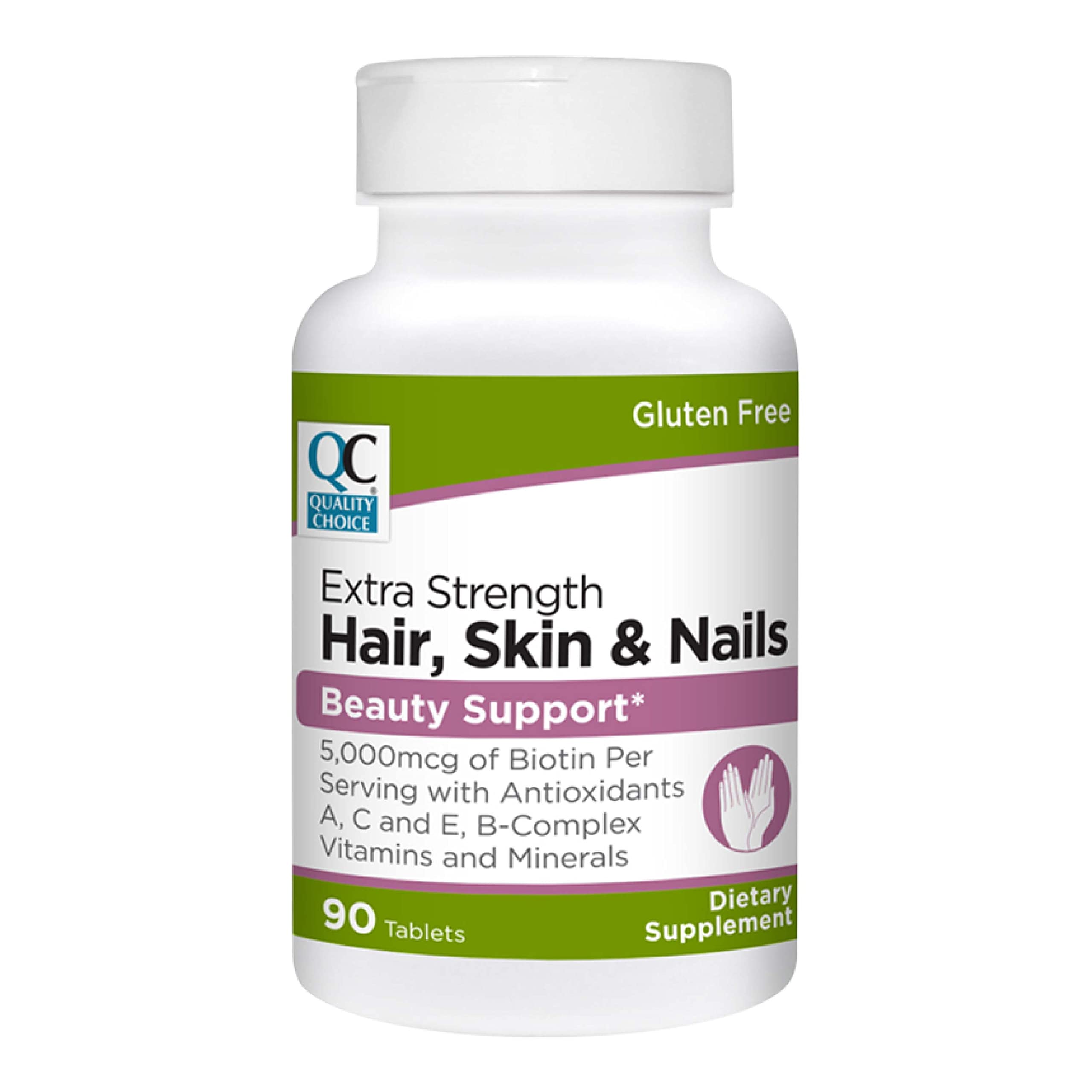 Biotina Extra Fuerte Quality Choice 5000 mcg. Fórmula multivitamínica de alta potencia que favorece el crecimiento del cabello, una piel radiante y uñas fuertes. Sin conservantes ni levaduras añadidas. Sin gluten. Envase de 90 comprimidos.