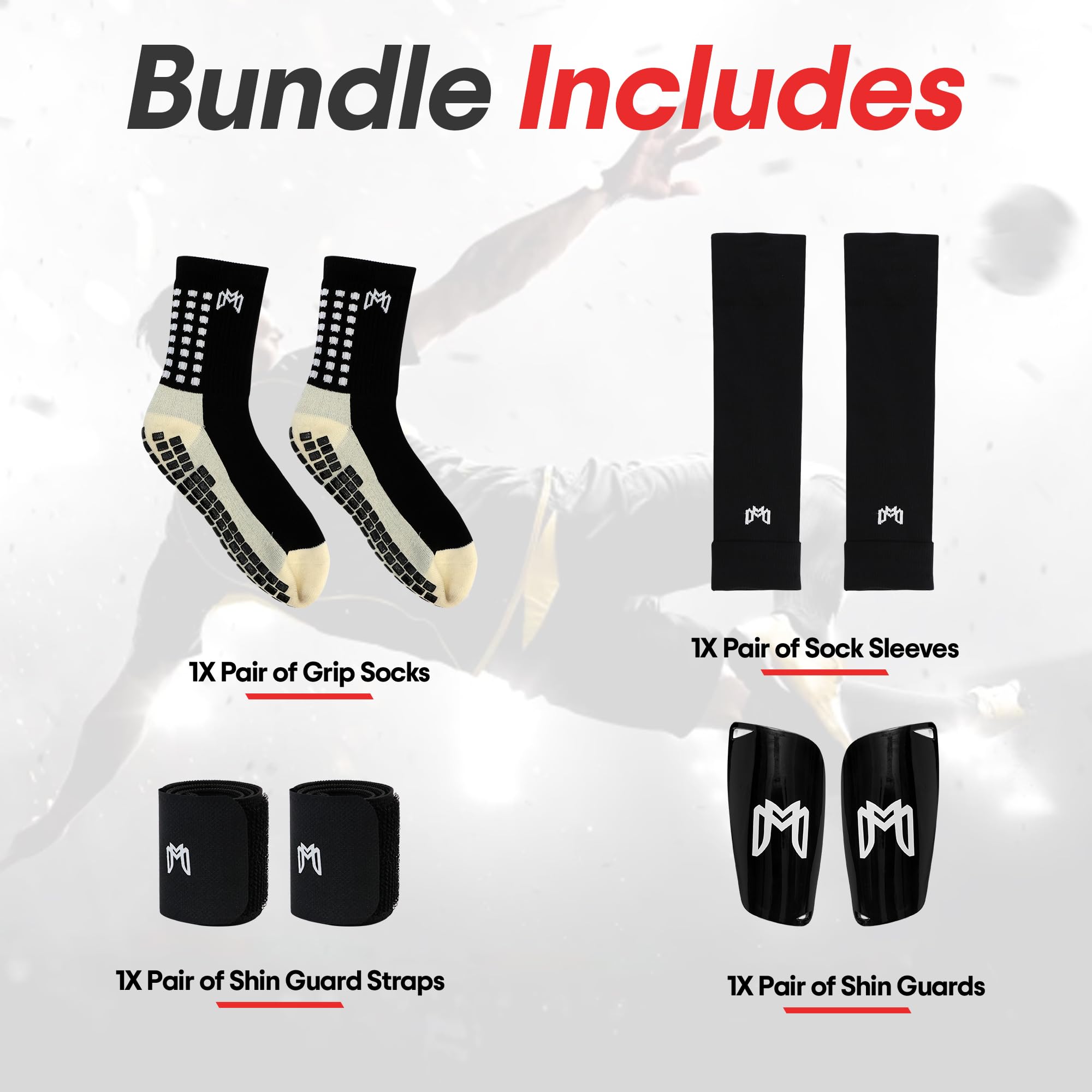 MediCaptain Paquete de calcetines de agarre de fútbol, espinilleras, mangas precortadas y correas de protección, equipo esencial para jugadores de fútbol, para hombres, mujeres, jóvenes, talla 7 a 12
