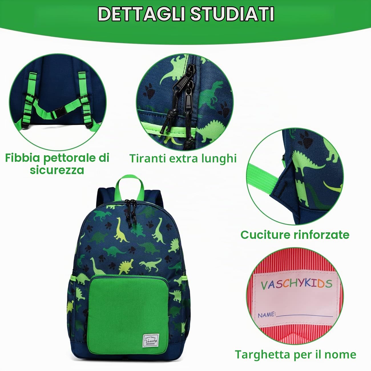 VASCHY Zaino Elementare Bambino Dinosauro 12L, Zainetto Grande Impermeabile con Pettorina Regolabile per Scuola Primaria 5-8 Anni
