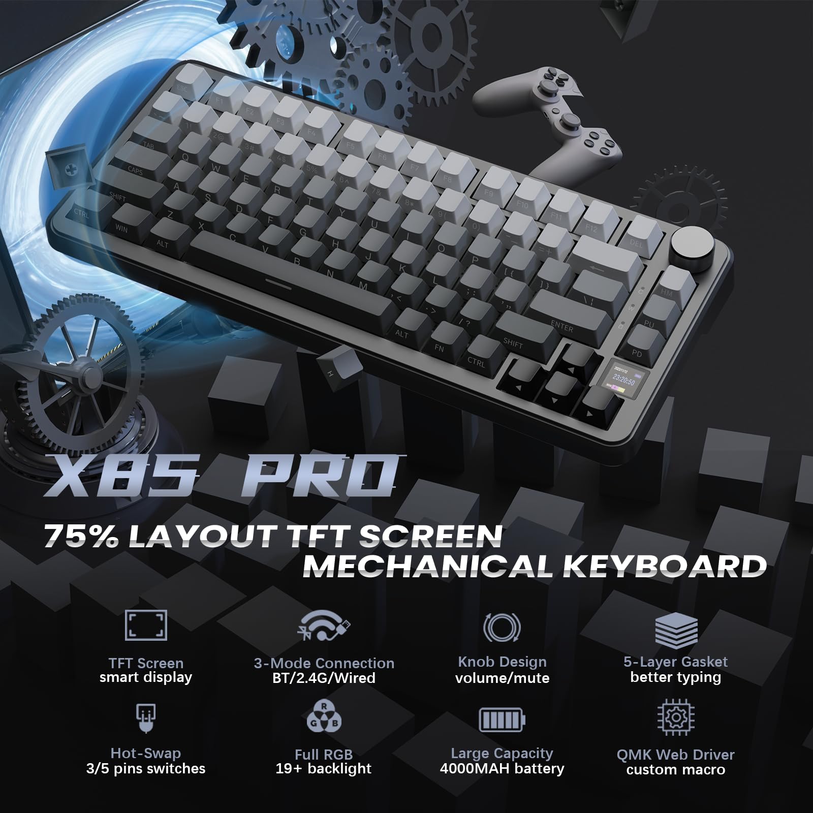 MAMBASNAKE x Attack Shark X85PRO Clavier Mécanique à Joint, Clavier de Jeu 75% sans Fil avec écran TFT Screen et Knob, PBT Side-Printed Keycap, 2,4GHz/BT5.1/USB-C, Hot-Swap Linear Switch, pour PC,Mac