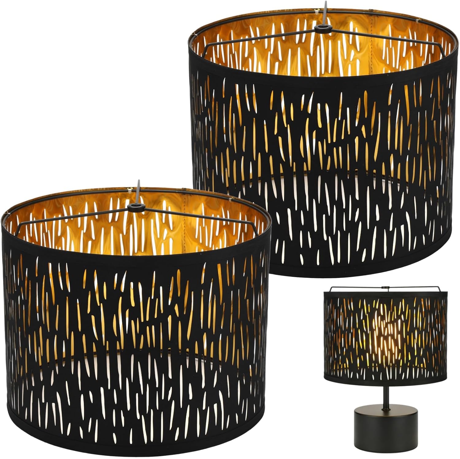 2 Pcs Black Lamp Shades, Hollow Carved Fabric Lampshades for E14 E27 Bulbs, Modern Drum Lamp Shade Replacement for Table Floor Wall Lights, 12.6 x 9.45 Inch