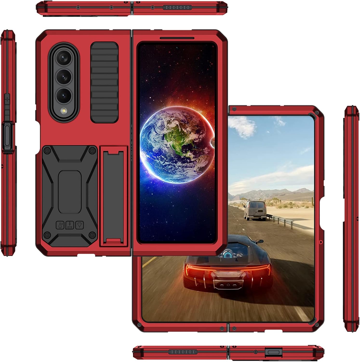 Galaxy Z Fold4 Case, Kickstand Shockproof Heavy Duty Protector Cover for Z Fold4 Case, Aluminum Metal Military Grade Bumper Outdoor Anti-Scratch Samsung Fold4 Case 5G, Red