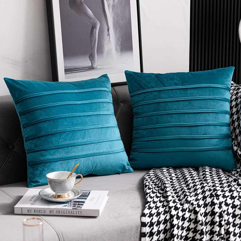 DEZENE Turquoise Throw Pillow Cases 20x20: 2 Pack Inch Cozy Soft Striped Velvet Square Decorative Pillow Covers for Couch