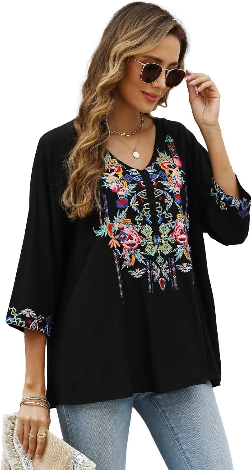 LauraKlein Women's Mexican Embroidered Tops for Women V Neck 3/4 Sleeve Shirts Peasant Casual Loose Summer Tunics Blouse - Image 3