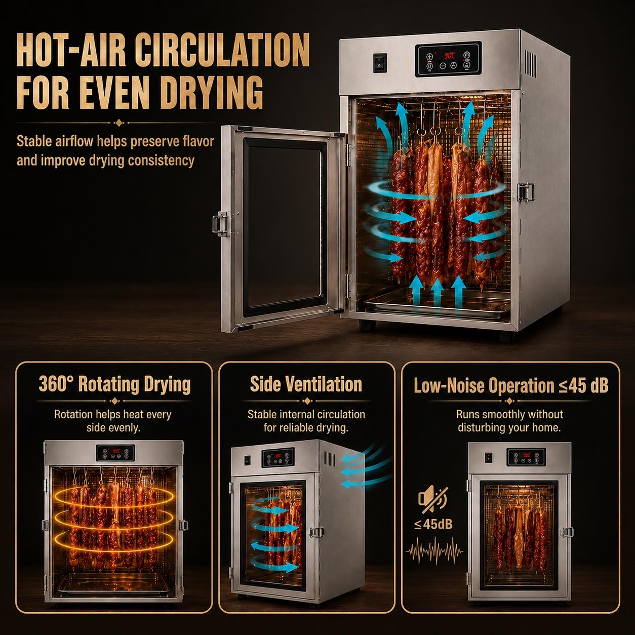 Dry Ager, 360° Drehbarer Fleischtrockner Mit LED-Steuerung Und 14 Haken | 0-90°C-Einstellung, 7,5 kg Fassungsvermögen, Edelstahl, for Pökeln von Wurst, Speck und Hühnchen
