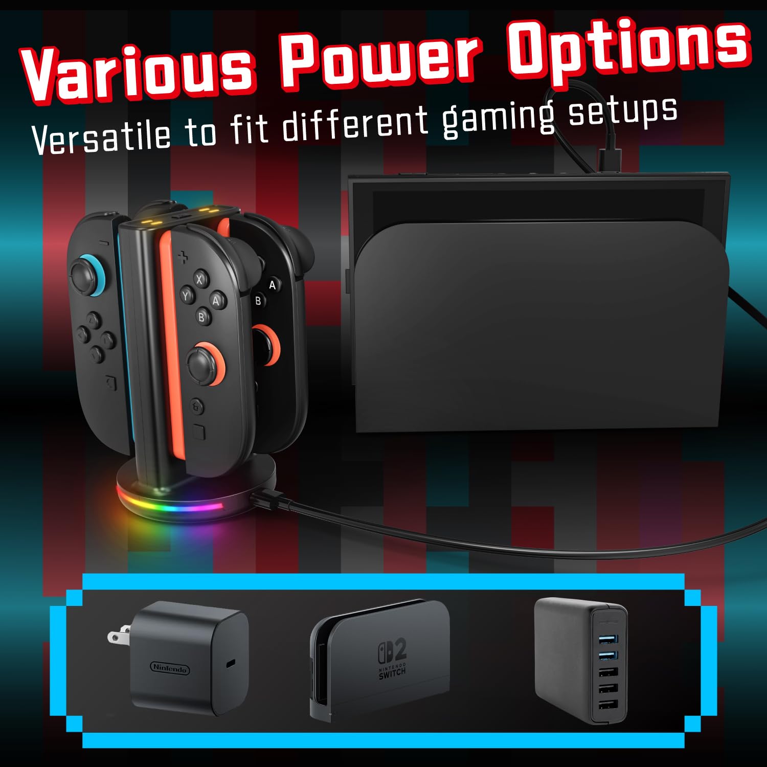 Fosmon Ladestation für Nintendo Switch 2 Joycon Controller – Schnellladegerät 4-in-1 mit RGB-Beleuchtung (9 Modi) und LED-Anzeige – Joycon 2 Controller Ladegerät | Premium bidirektionale magnetische 4-in-1-Ladestation Dock Base Tower kompatibel mit Ninten
