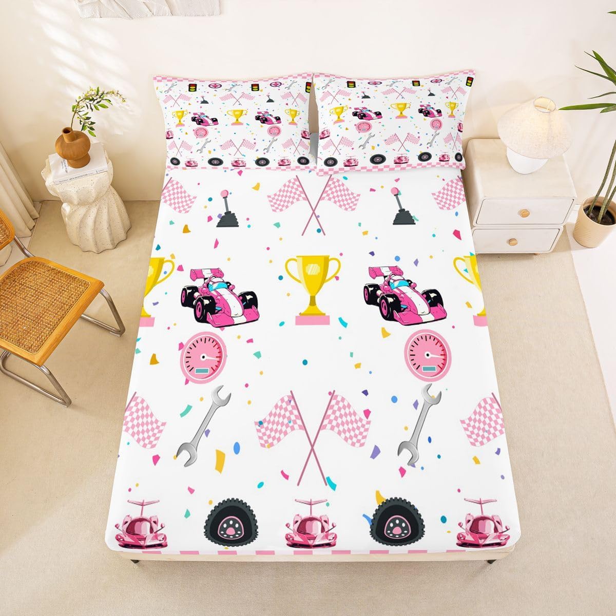 Pink Race Car Fitted Sheet for Girls Boys Kids Trophy Printed Bedding Set Room Decorative Plaid Grid Bed Sheet Set Pink White Bedspread Cover Room Decor Twin Size